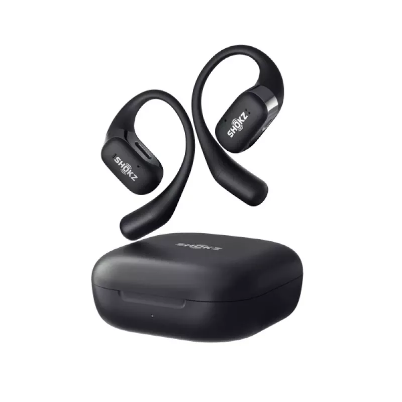 SHOKZ OpenFit belaidės ausinės su ausų kabliukais, juodos – skambučiams, muzikai, sportui ir kasdienai