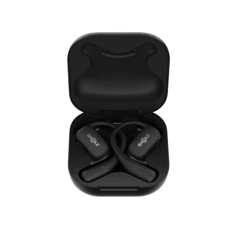 SHOKZ OpenFit belaidės ausinės su ausų kabliukais, juodos – skambučiams, muzikai, sportui ir kasdienai