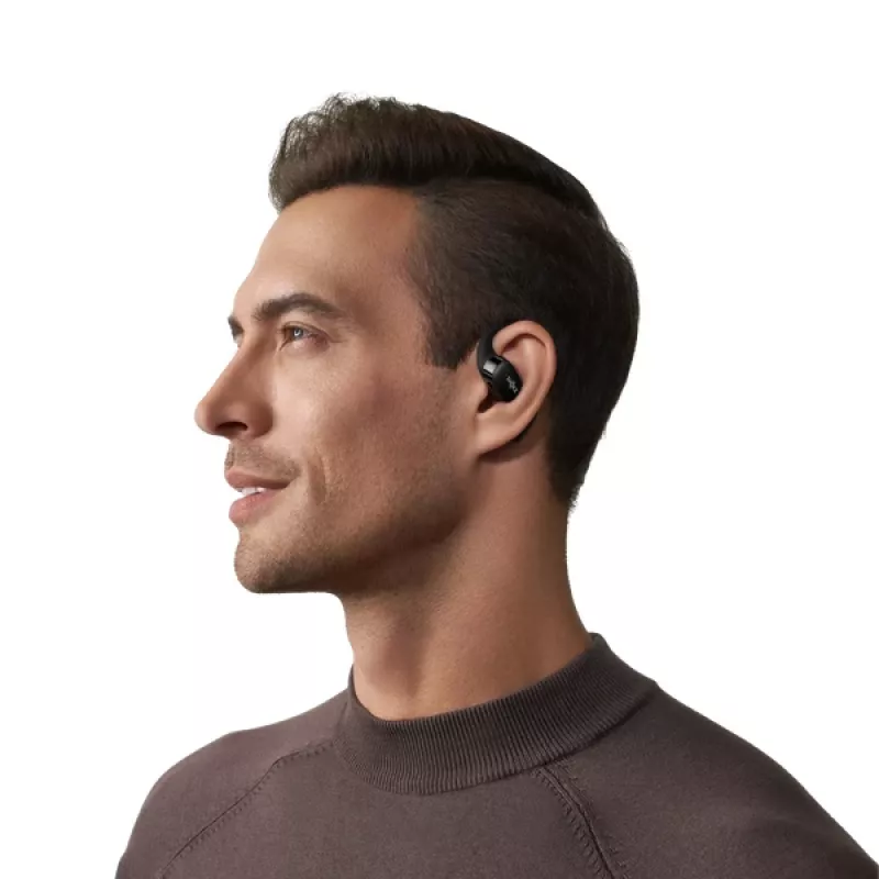 SHOKZ OpenFit belaidės ausinės su ausų kabliukais, juodos – skambučiams, muzikai, sportui ir kasdienai