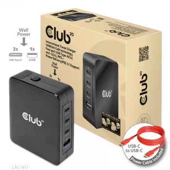 CLUB3D Tarptautinis kelioninis 140W įkroviklis su GaN technologija, keturi prievadai: USB Type-A (1x) ir USB-C (3x), PPS + Power Delivery 3.1 palaikymas