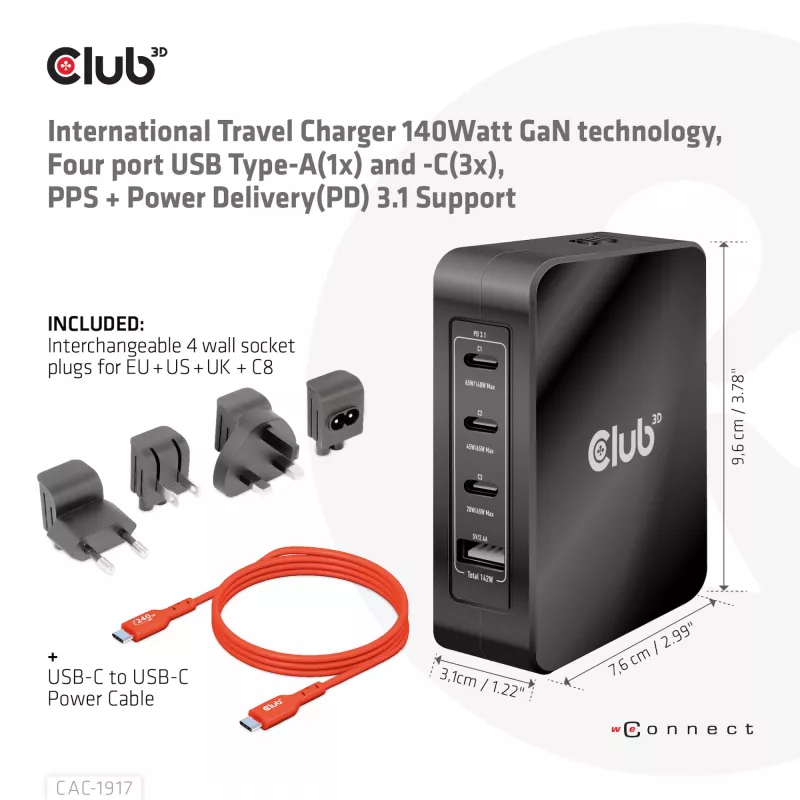 CLUB3D Tarptautinis kelioninis 140W įkroviklis su GaN technologija, keturi prievadai: USB Type-A (1x) ir USB-C (3x), PPS + Power Delivery 3.1 palaikymas