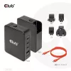 CLUB3D Tarptautinis kelioninis 140W įkroviklis su GaN technologija, keturi prievadai: USB Type-A (1x) ir USB-C (3x), PPS + Power Delivery 3.1 palaikymas