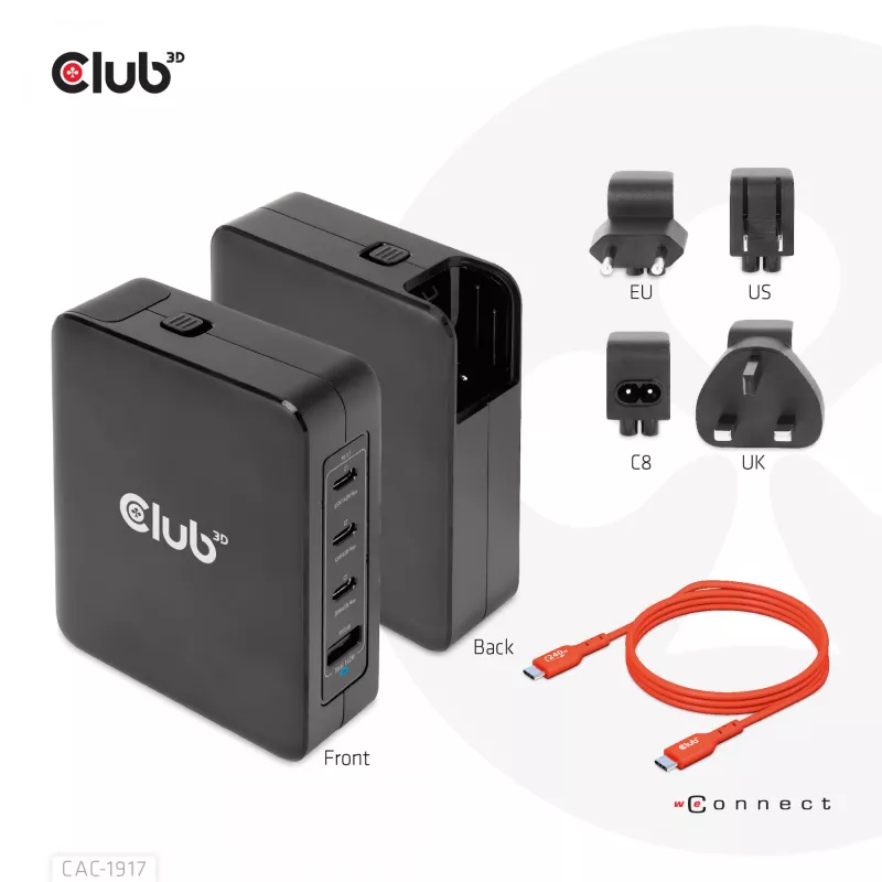 CLUB3D Tarptautinis kelioninis 140W įkroviklis su GaN technologija, keturi prievadai: USB Type-A (1x) ir USB-C (3x), PPS + Power Delivery 3.1 palaikymas