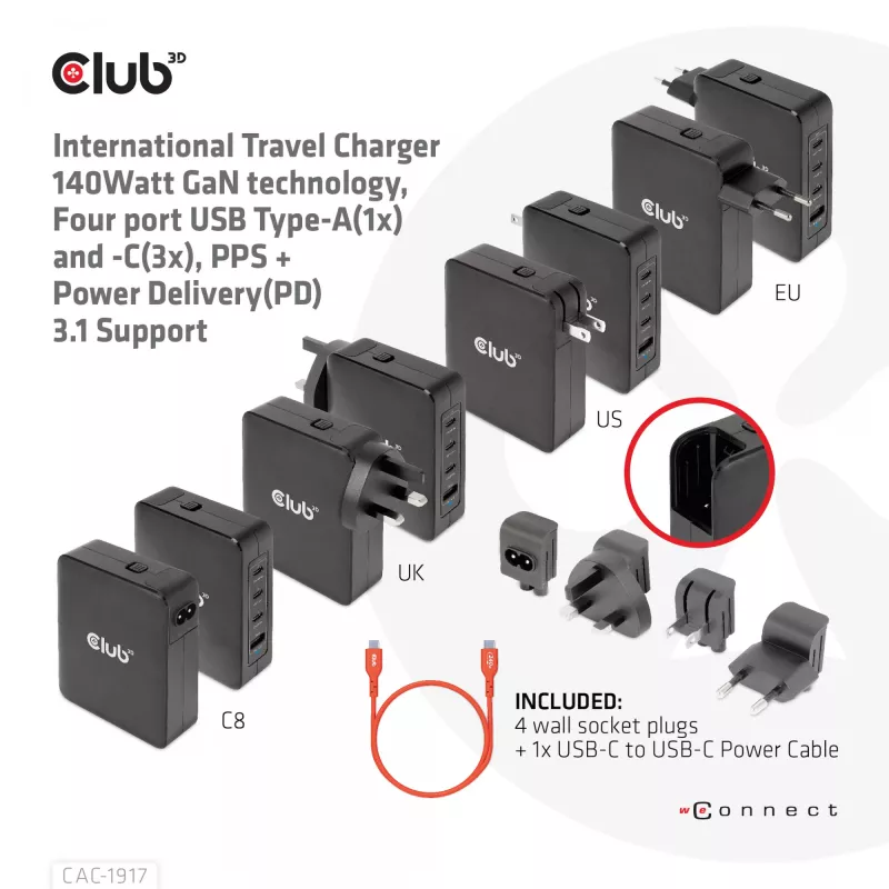 CLUB3D Tarptautinis kelioninis 140W įkroviklis su GaN technologija, keturi prievadai: USB Type-A (1x) ir USB-C (3x), PPS + Power Delivery 3.1 palaikymas