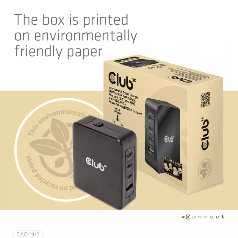 CLUB3D Tarptautinis kelioninis 140W įkroviklis su GaN technologija, keturi prievadai: USB Type-A (1x) ir USB-C (3x), PPS + Power Delivery 3.1 palaikymas