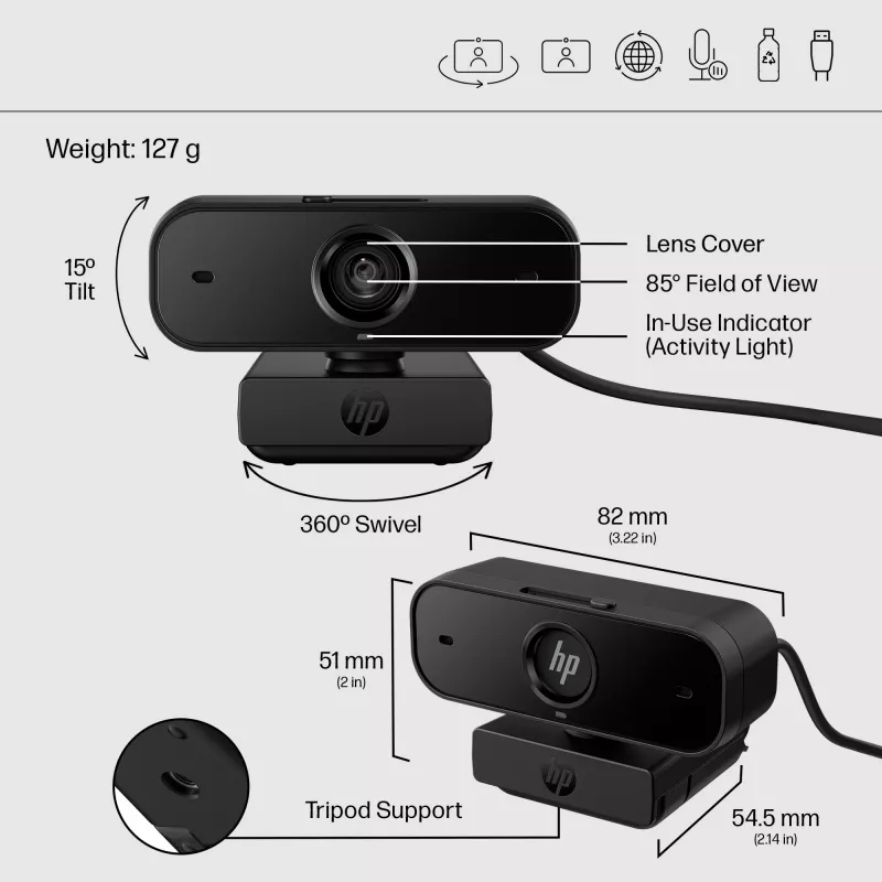HP 430 FHD internetinė kamera, 2 MP, 1920 x 1080 pikselių, Full HD, 60 kadrų per sekundę, 85°