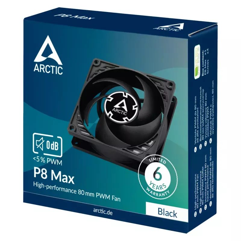 80 mm ventiliatorius Arctic P8 Max High-Performance PWM, 80 mm skersmuo, juodas, 67,96 m³/h oro srautas, 0,6 sone