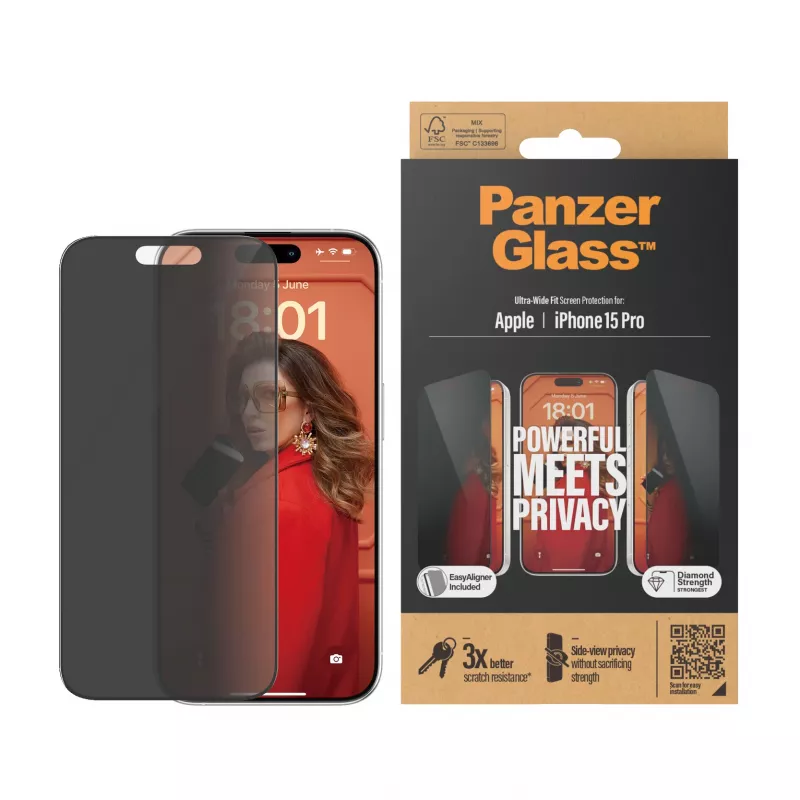 PanzerGlass® Privatumo apsauginis stiklas iPhone 15 Pro | Ultra-Wide Fit su EasyAligner