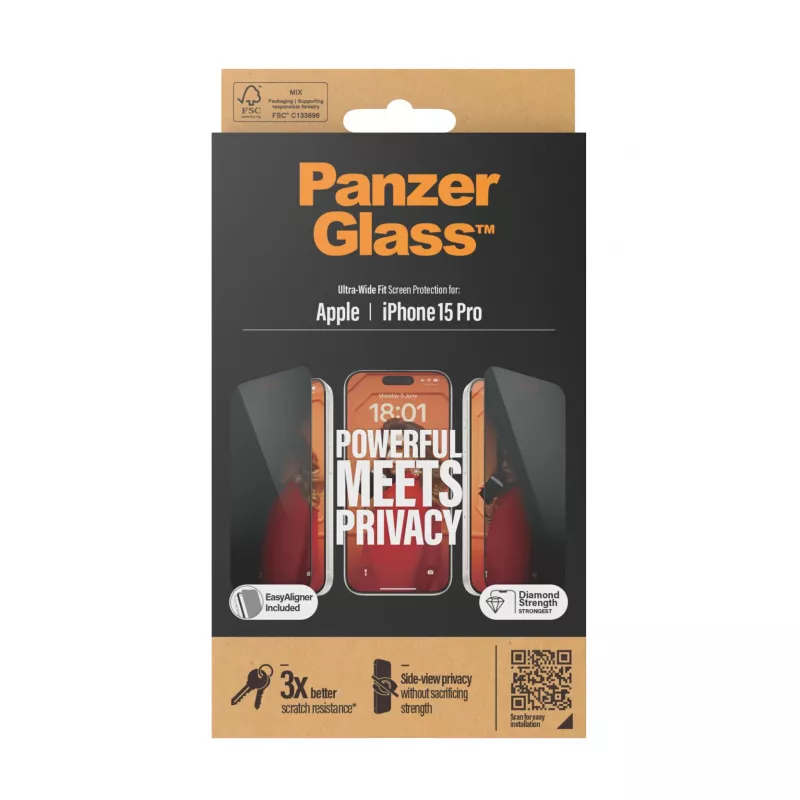 PanzerGlass® Privatumo apsauginis stiklas iPhone 15 Pro | Ultra-Wide Fit su EasyAligner