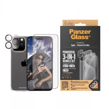 PanzerGlass ® 3-in-1 komplektas, skirtas iPhone 15 Pro Max, Apple, Apple - iPhone 15 Pro Max, sausas uždėjimas, atsparus smūgiams, permatomas, 1 vnt.