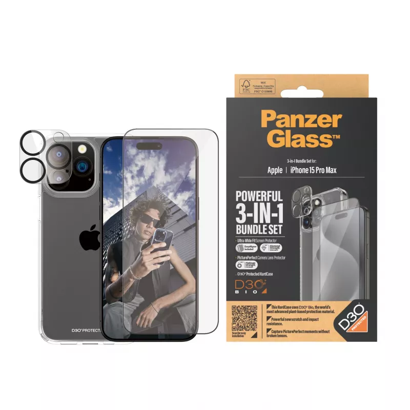 PanzerGlass ® 3-in-1 komplektas, skirtas iPhone 15 Pro Max, Apple, Apple - iPhone 15 Pro Max, sausas uždėjimas, atsparus smūgiams, permatomas, 1 vnt.