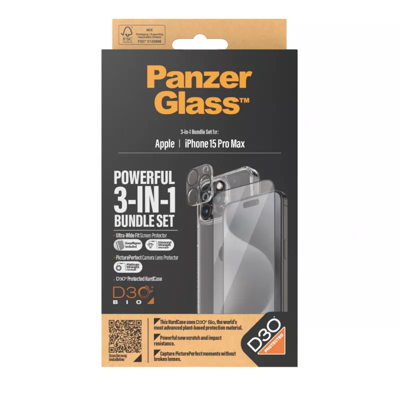 PanzerGlass ® 3-in-1 komplektas, skirtas iPhone 15 Pro Max, Apple, Apple - iPhone 15 Pro Max, sausas uždėjimas, atsparus smūgiams, permatomas, 1 vnt.