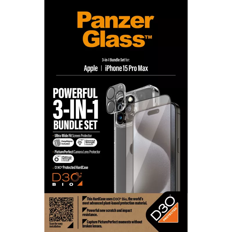 PanzerGlass ® 3-in-1 komplektas, skirtas iPhone 15 Pro Max, Apple, Apple - iPhone 15 Pro Max, sausas uždėjimas, atsparus smūgiams, permatomas, 1 vnt.