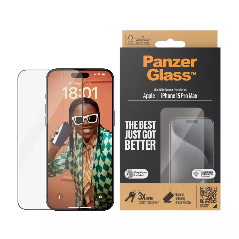 PanzerGlass® Ekrano apsauga iPhone 15 Pro Max | Ultra-Wide Fit su EasyAligner