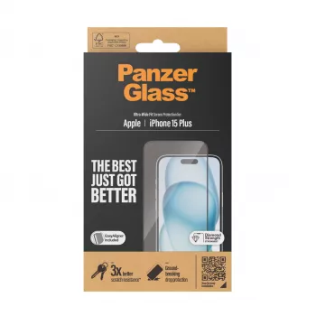 PanzerGlass® Apsauginis stiklas iPhone 15 Plus | Ultra-Wide Fit su EasyAligner