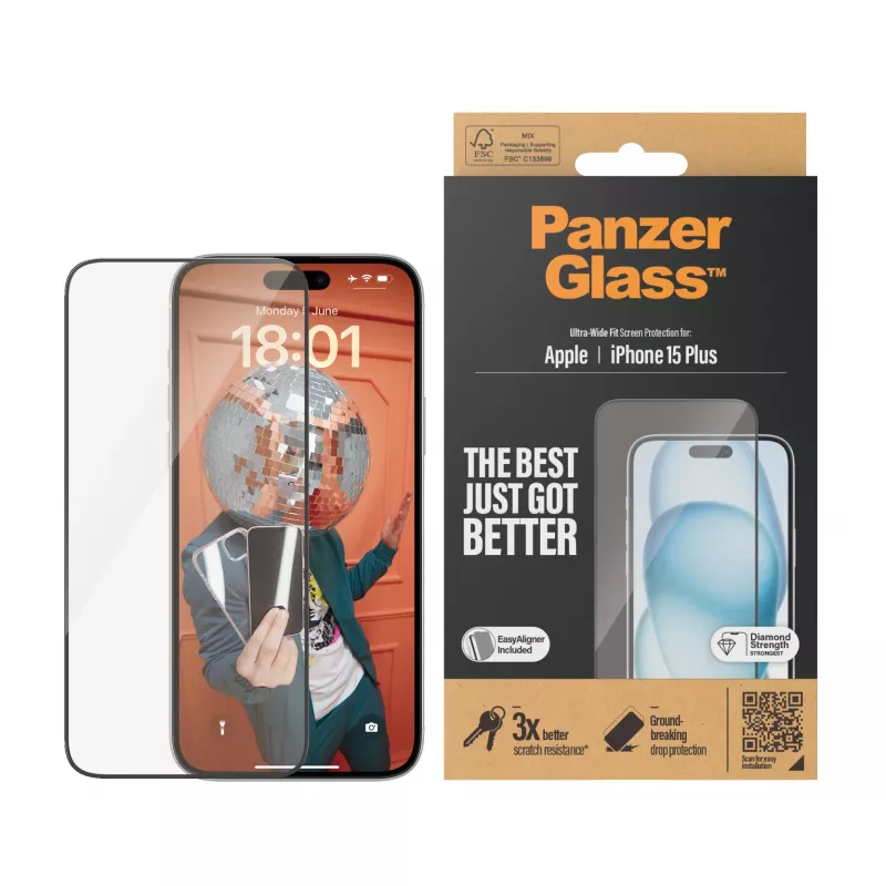 PanzerGlass® Apsauginis stiklas iPhone 15 Plus | Ultra-Wide Fit su EasyAligner