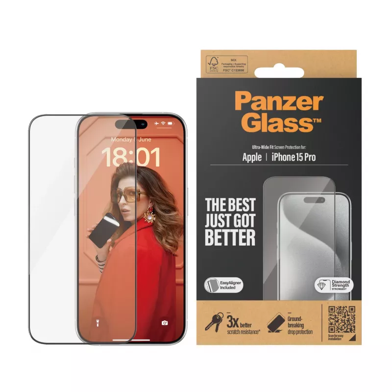 PanzerGlass® Ekrano apsauga iPhone 15 Pro | Ultra-Wide Fit su EasyAligner