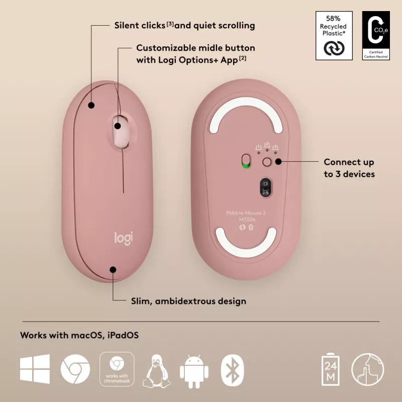 LOGITECH Pebble 2 M350s belaidė optinė pelė, rožinė