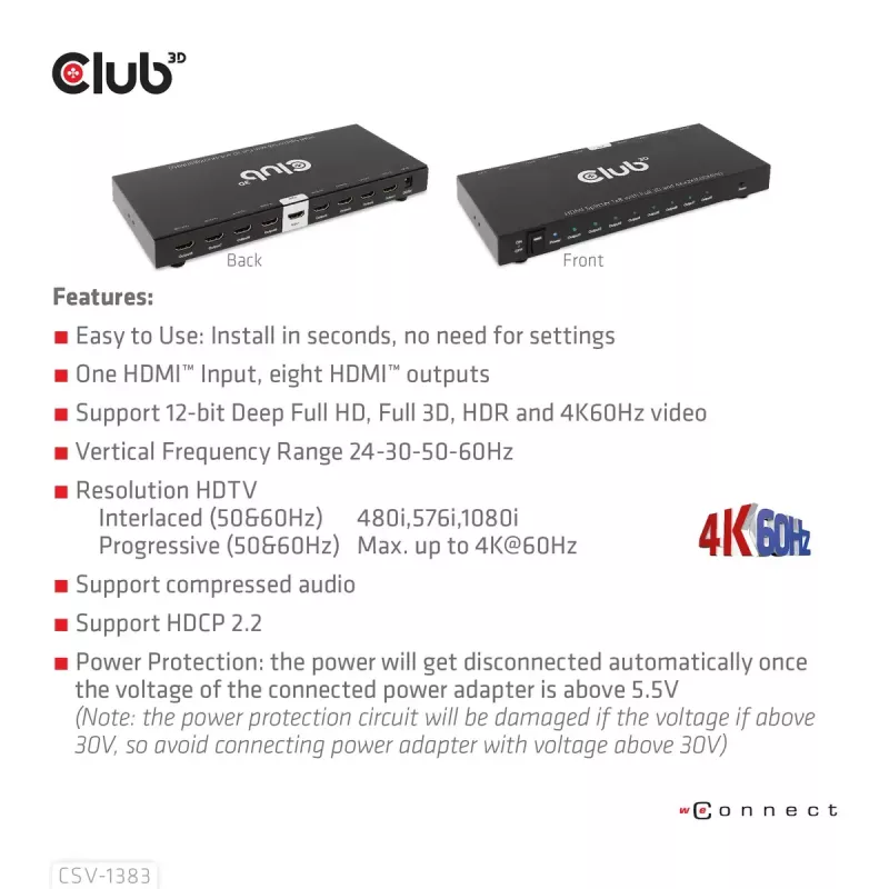 CLUB3D CSV-1383 HDMI skirstytuvas 1→8, 4K60Hz, 3D, HDR, metalinis korpusas