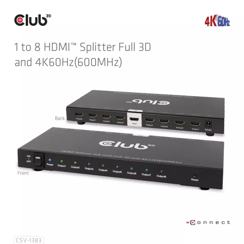 CLUB3D CSV-1383 HDMI skirstytuvas 1→8, 4K60Hz, 3D, HDR, metalinis korpusas