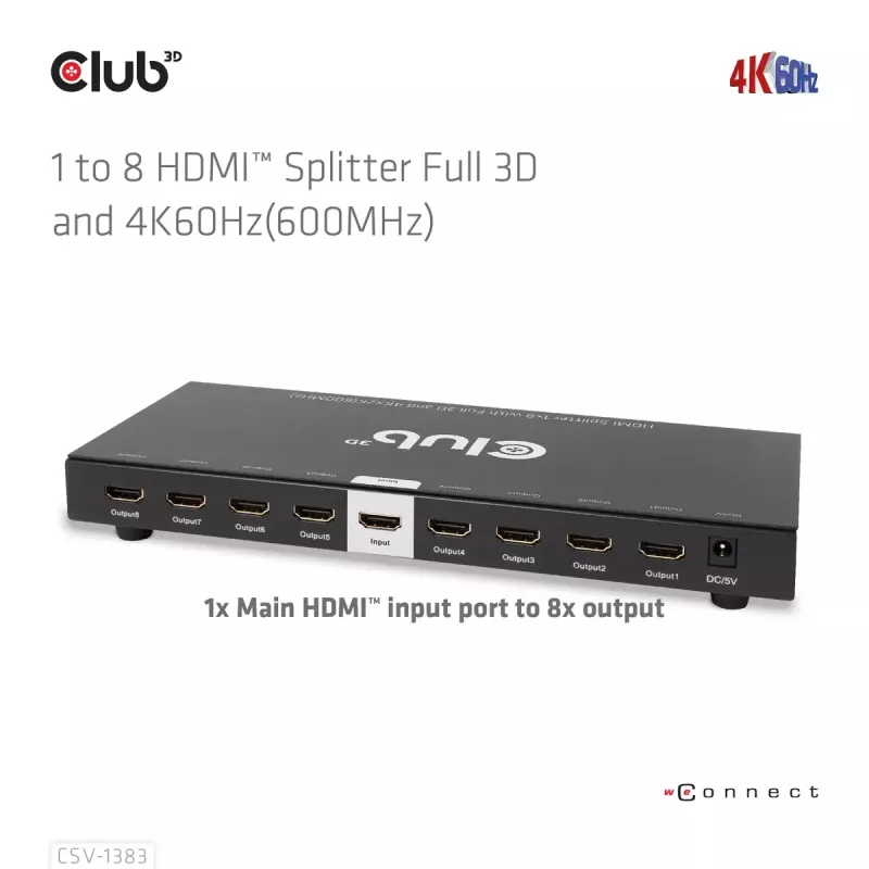 CLUB3D CSV-1383 HDMI skirstytuvas 1→8, 4K60Hz, 3D, HDR, metalinis korpusas