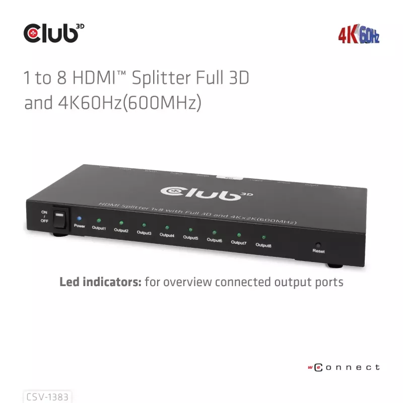 CLUB3D CSV-1383 HDMI skirstytuvas 1→8, 4K60Hz, 3D, HDR, metalinis korpusas