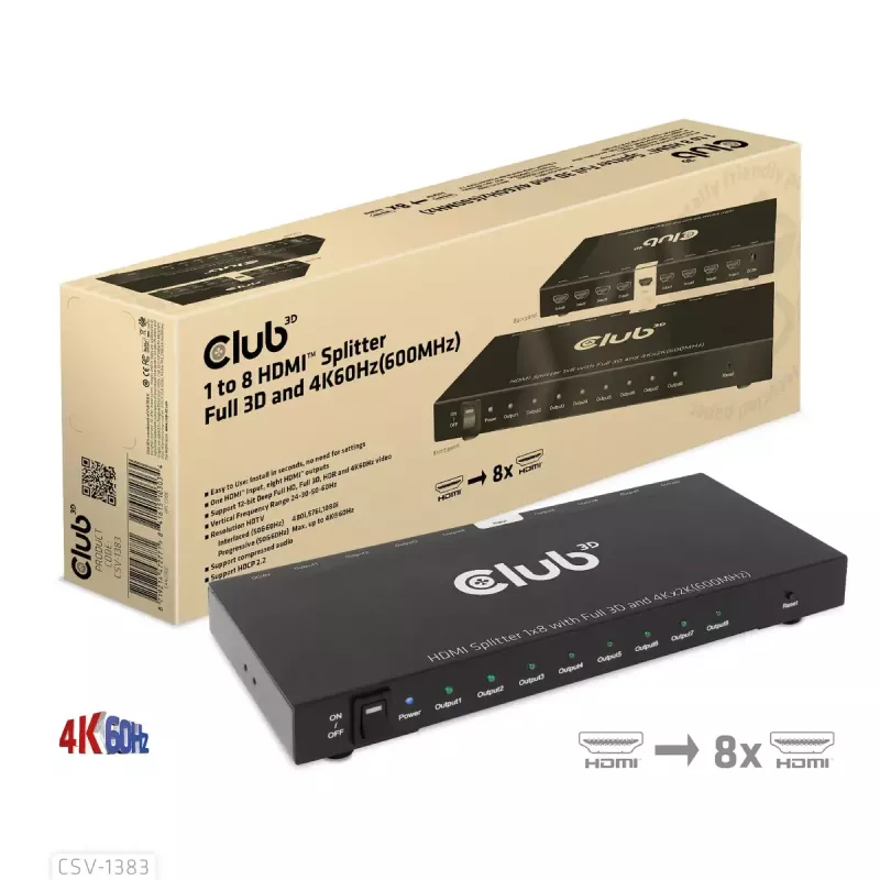 CLUB3D CSV-1383 HDMI skirstytuvas 1→8, 4K60Hz, 3D, HDR, metalinis korpusas