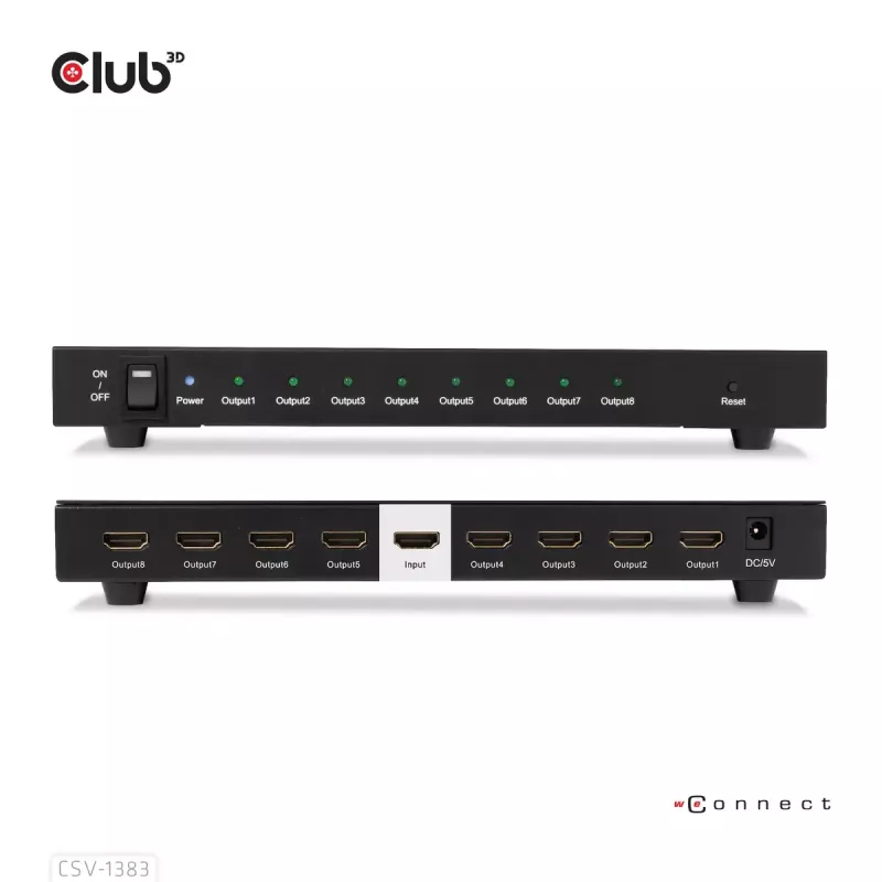 CLUB3D CSV-1383 HDMI skirstytuvas 1→8, 4K60Hz, 3D, HDR, metalinis korpusas