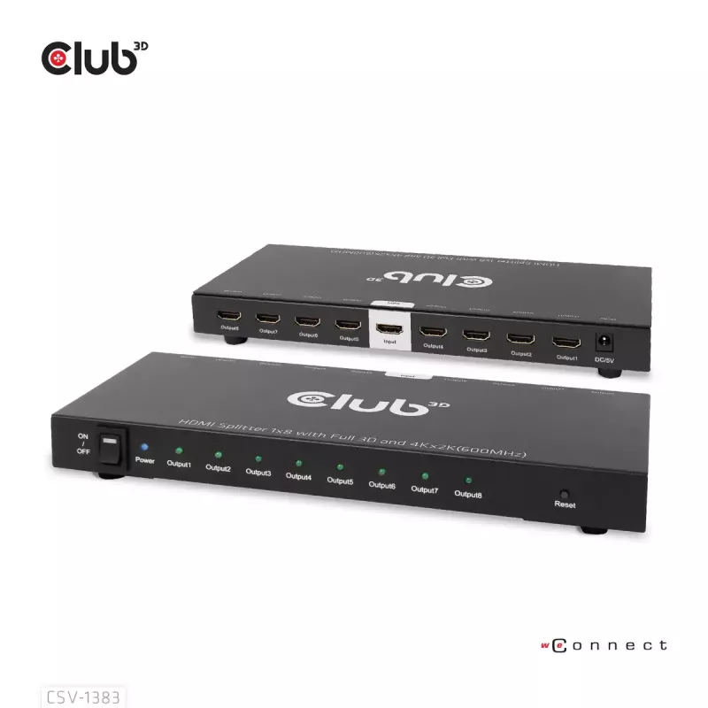 CLUB3D CSV-1383 HDMI skirstytuvas 1→8, 4K60Hz, 3D, HDR, metalinis korpusas