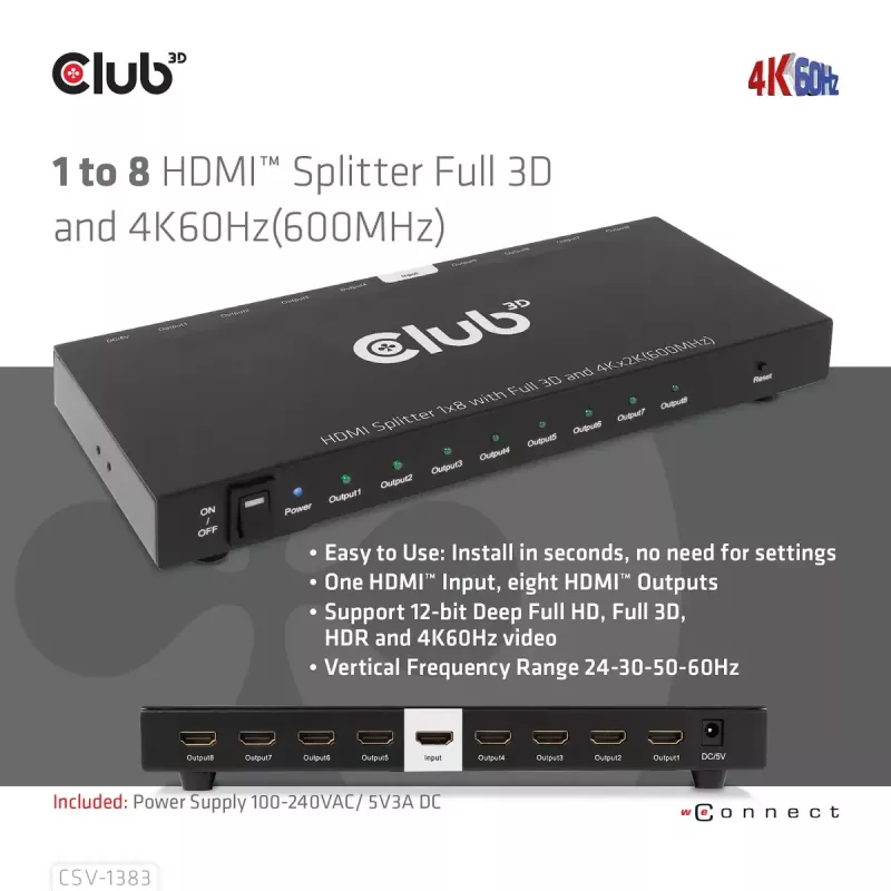 CLUB3D CSV-1383 HDMI skirstytuvas 1→8, 4K60Hz, 3D, HDR, metalinis korpusas