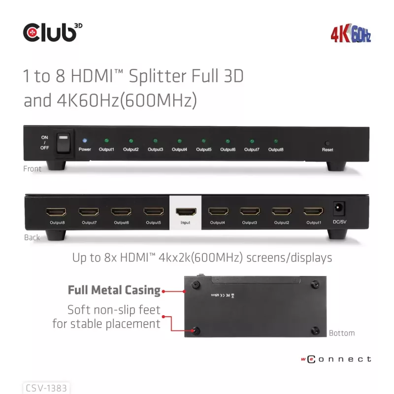 CLUB3D CSV-1383 HDMI skirstytuvas 1→8, 4K60Hz, 3D, HDR, metalinis korpusas