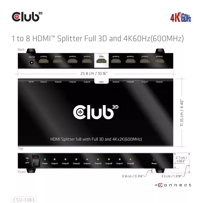 CLUB3D CSV-1383 HDMI skirstytuvas 1→8, 4K60Hz, 3D, HDR, metalinis korpusas