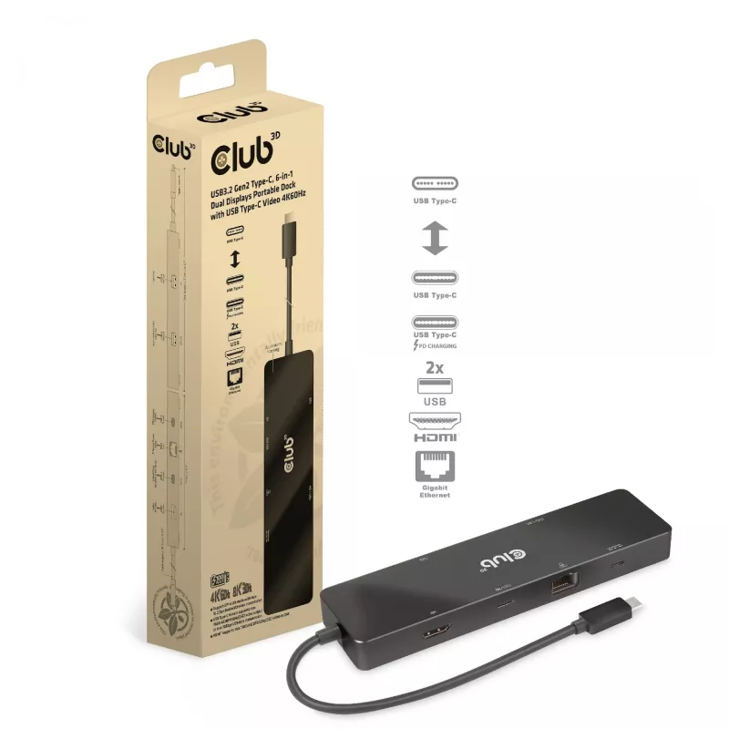 CLUB3D USB3.2 Gen2 Type-C, 6-in-1 nešiojamas dokas su dviem ekranais ir USB Type-C vaizdu 4K60Hz
