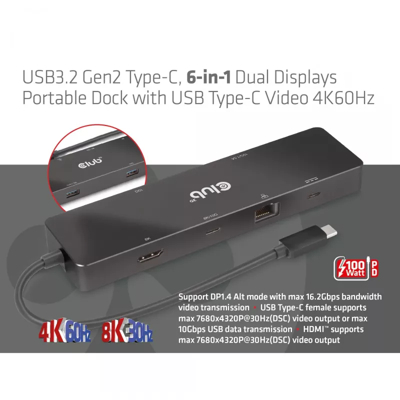 CLUB3D USB3.2 Gen2 Type-C, 6-in-1 nešiojamas dokas su dviem ekranais ir USB Type-C vaizdu 4K60Hz