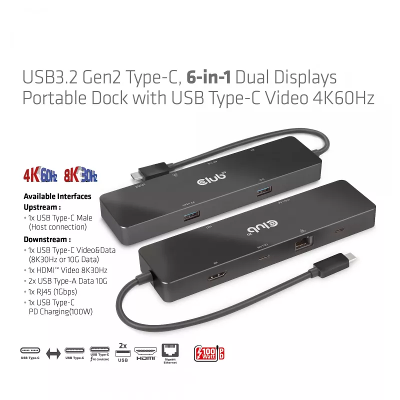 CLUB3D USB3.2 Gen2 Type-C, 6-in-1 nešiojamas dokas su dviem ekranais ir USB Type-C vaizdu 4K60Hz
