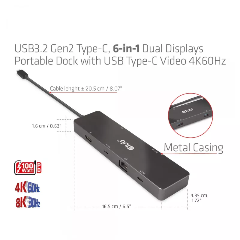 CLUB3D USB3.2 Gen2 Type-C, 6-in-1 nešiojamas dokas su dviem ekranais ir USB Type-C vaizdu 4K60Hz