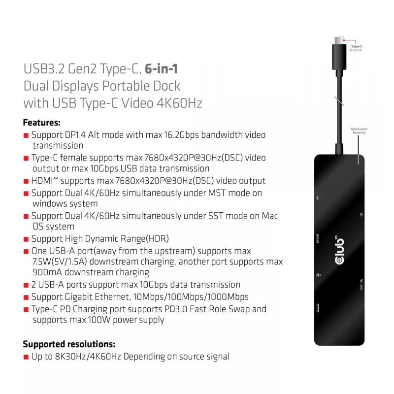 CLUB3D USB3.2 Gen2 Type-C, 6-in-1 nešiojamas dokas su dviem ekranais ir USB Type-C vaizdu 4K60Hz