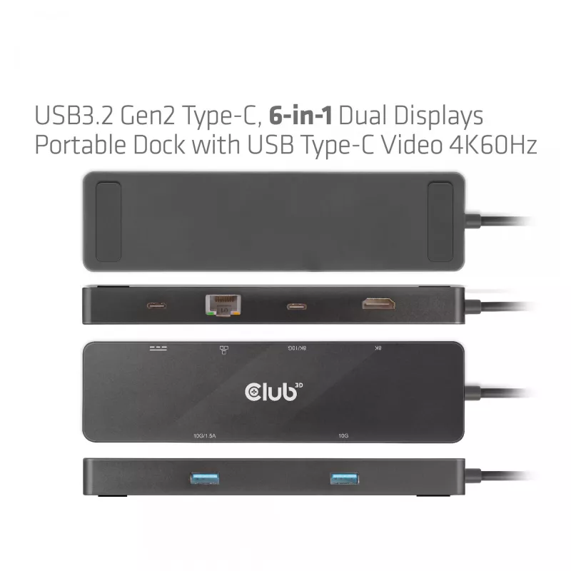 CLUB3D USB3.2 Gen2 Type-C, 6-in-1 nešiojamas dokas su dviem ekranais ir USB Type-C vaizdu 4K60Hz