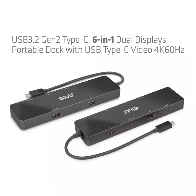 CLUB3D USB3.2 Gen2 Type-C, 6-in-1 nešiojamas dokas su dviem ekranais ir USB Type-C vaizdu 4K60Hz
