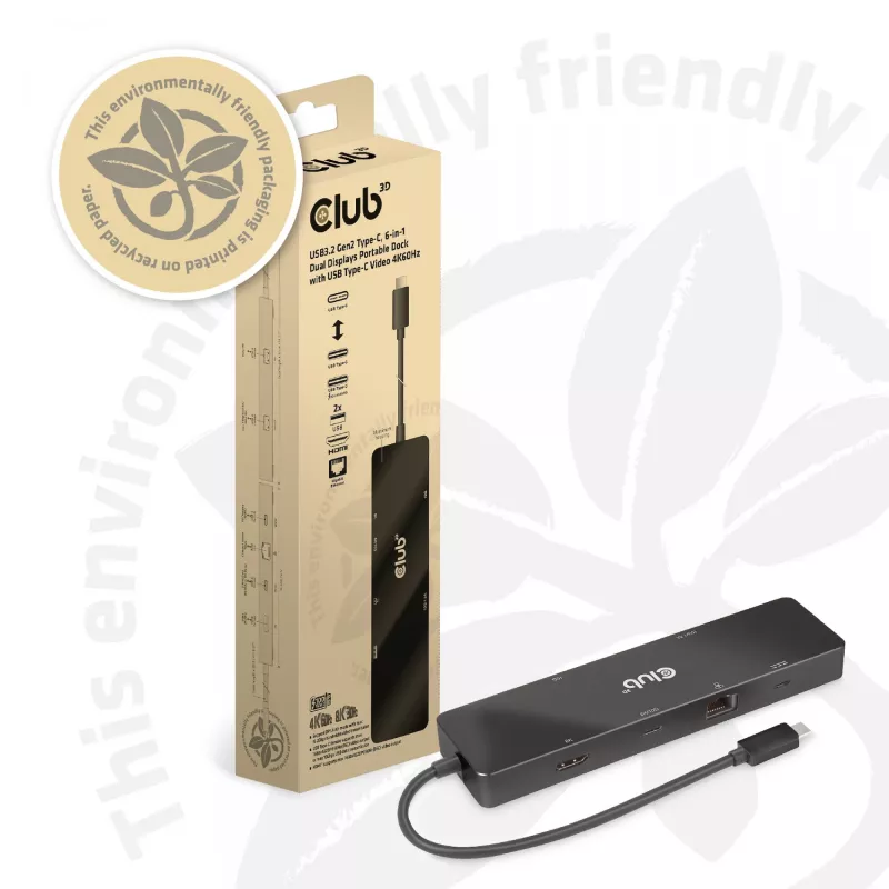 CLUB3D USB3.2 Gen2 Type-C, 6-in-1 nešiojamas dokas su dviem ekranais ir USB Type-C vaizdu 4K60Hz