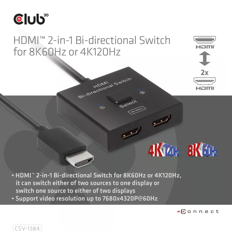 CLUB3D CSV-1384 HDMI 2-in-1 abipusis jungiklis 8K60Hz 4K120Hz