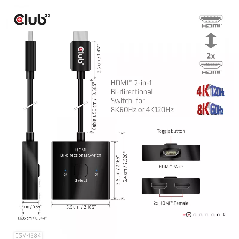 CLUB3D CSV-1384 HDMI 2-in-1 abipusis jungiklis 8K60Hz 4K120Hz