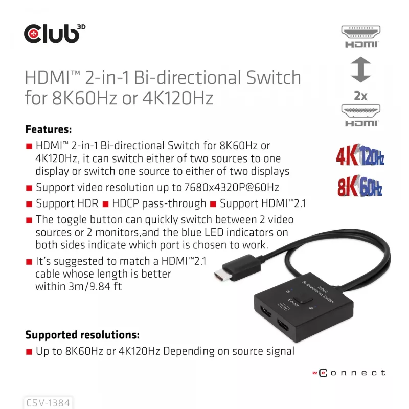 CLUB3D CSV-1384 HDMI 2-in-1 abipusis jungiklis 8K60Hz 4K120Hz