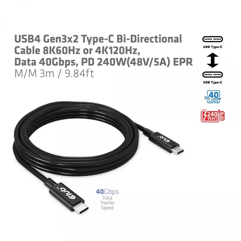 CLUB3D USB4 Gen3x2 Type-C abipusis laidas 8K60Hz arba 4K120Hz, duomenys 40Gbps, PD 240W (48V/5A) EPR M/M 3m / 9.84ft