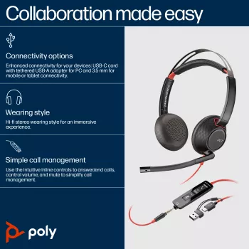 HP Poly Blackwire 5220 Stereo ausinės su USB-C, 3,5 mm lizdu ir USB-C/A adapteriu