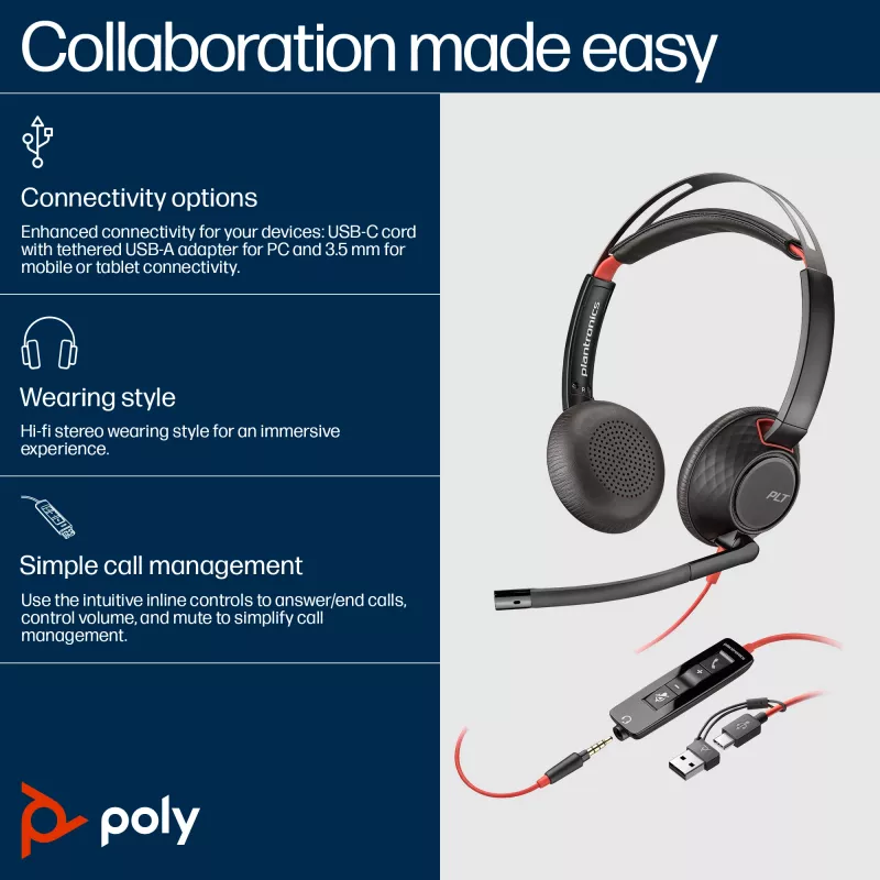 HP Poly Blackwire 5220 Stereo ausinės su USB-C, 3,5 mm lizdu ir USB-C/A adapteriu