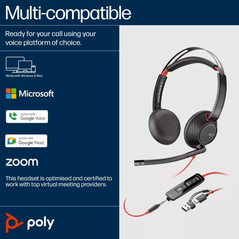 HP Poly Blackwire 5220 Stereo ausinės su USB-C, 3,5 mm lizdu ir USB-C/A adapteriu