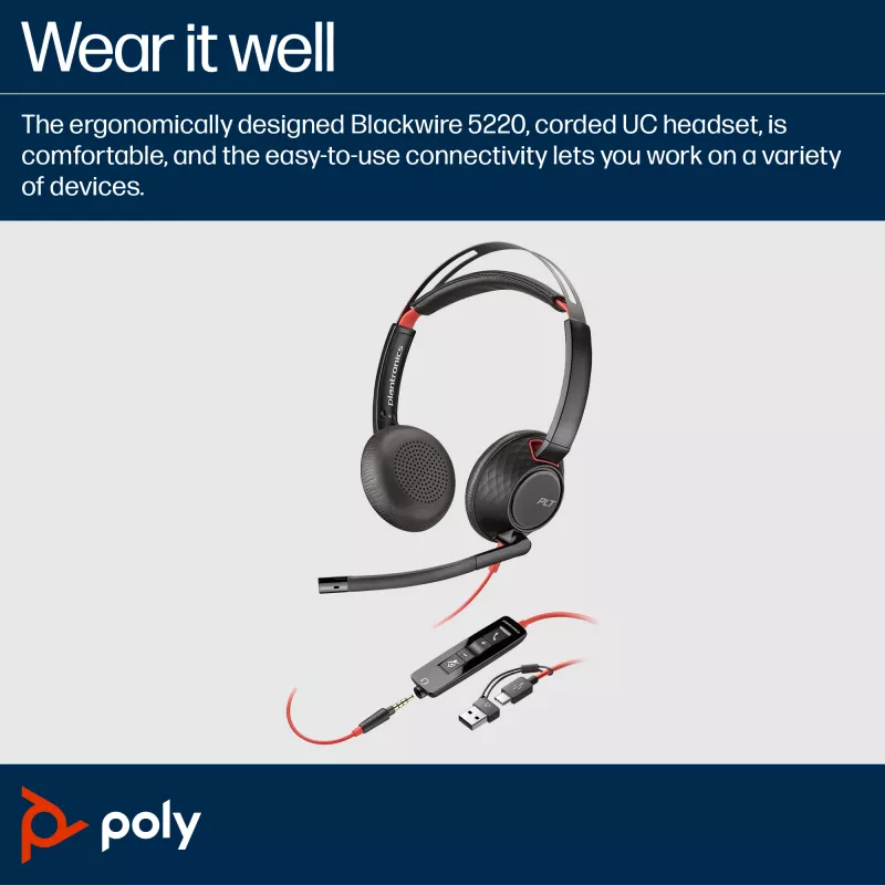 HP Poly Blackwire 5220 Stereo ausinės su USB-C, 3,5 mm lizdu ir USB-C/A adapteriu