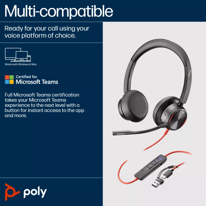 HP Poly Blackwire 8225 Stereo ausinės su mikrofono triukšmo slopinimu, Microsoft Teams sertifikuotos, USB-C + USB-C/A adapteris