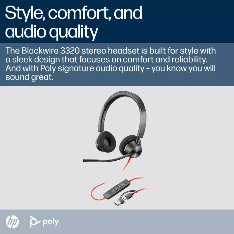 HP Poly Blackwire 3320 Stereo, sertifikuotas Microsoft Teams, USB-C ausinių komplektas su USB-C/A adapteriu